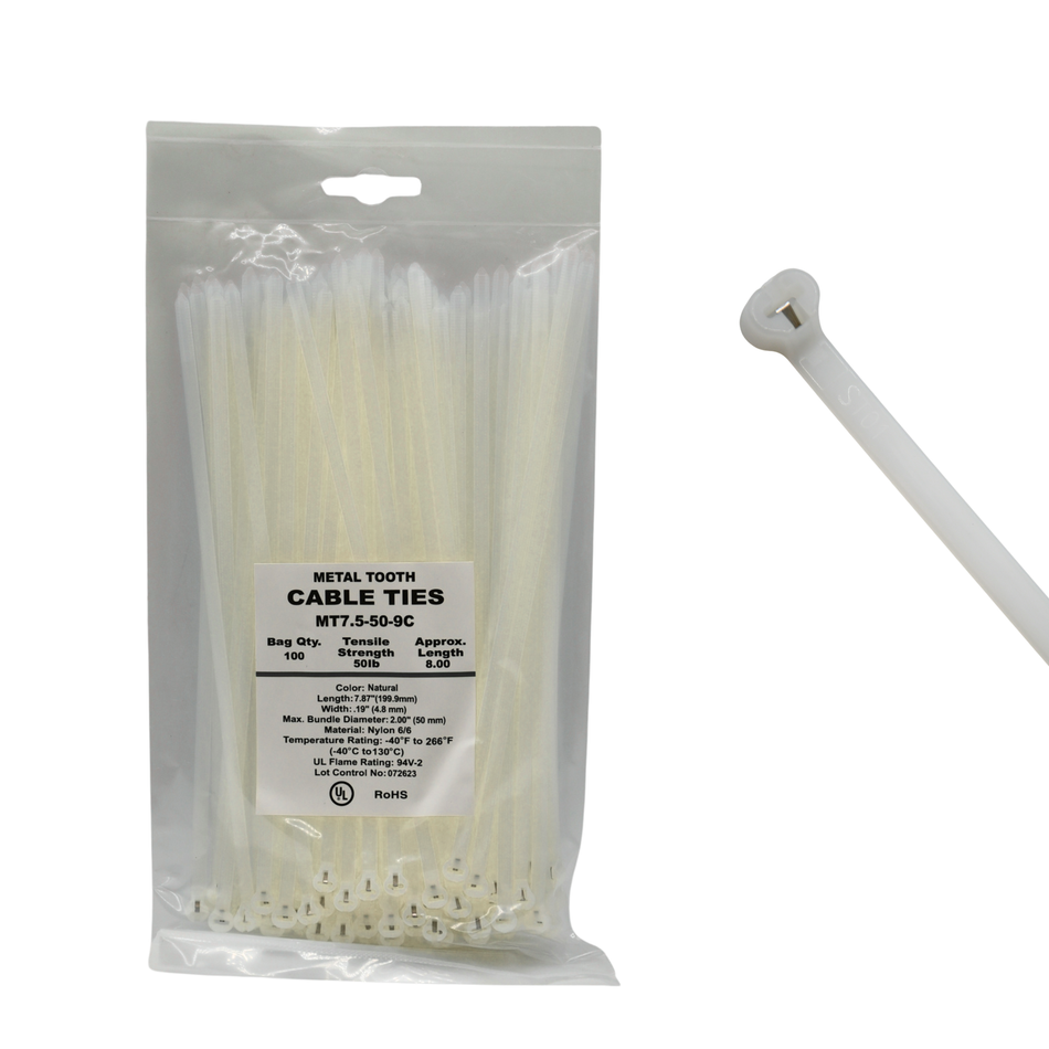 7.5" Natural 50lbs Metal Tooth Cable Tie/ Zip Ties 100/bag Part # MT7.5-50-9C