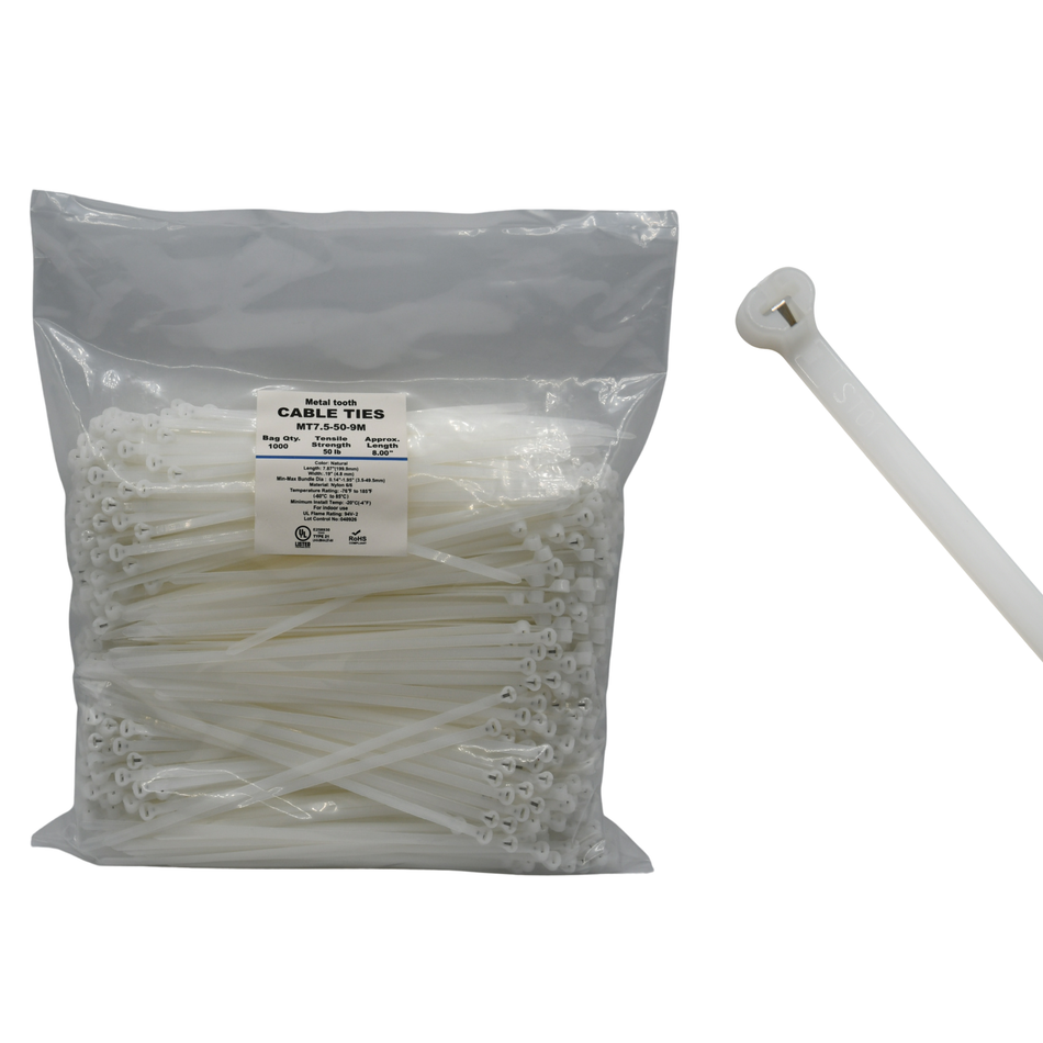 7.5" Natural 50lb Metal Tooth Cable Ties / Zip Ties 1,000/bag Part #MT7.5-50-9M