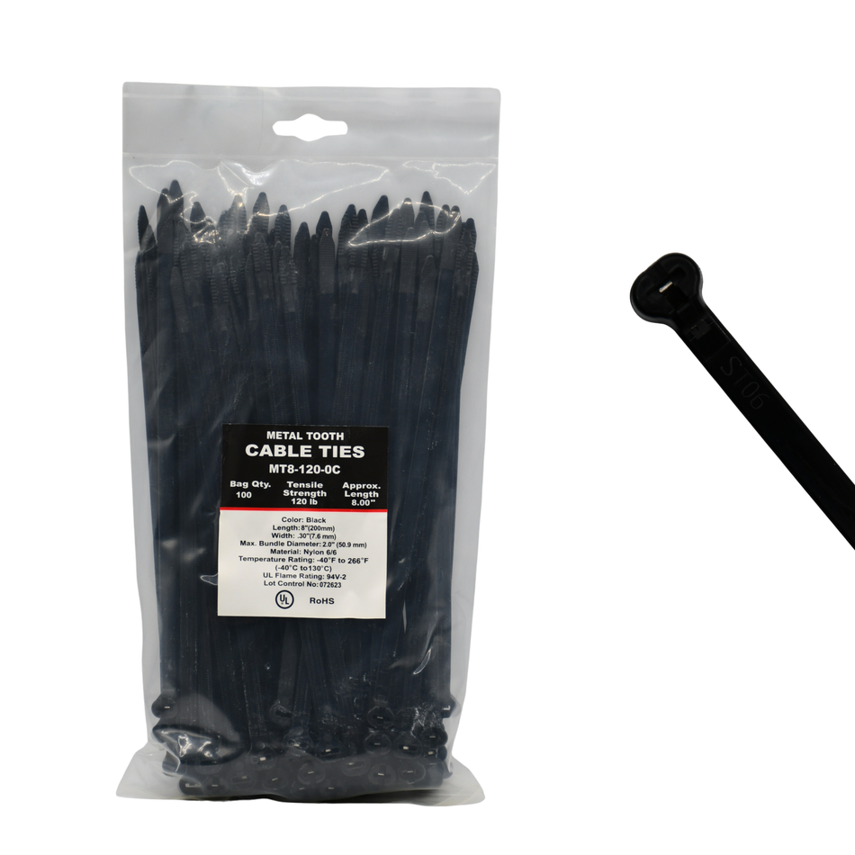 8" UV Black 120lbs Metal Tooth Cable Ties / Zip Ties 100/bag Part #MT8-120-0C