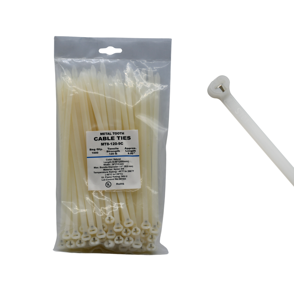 8" Natural 120lbs Metal Tooth Cable Ties / Zip Ties 100/bag Part #MT8-120-9C