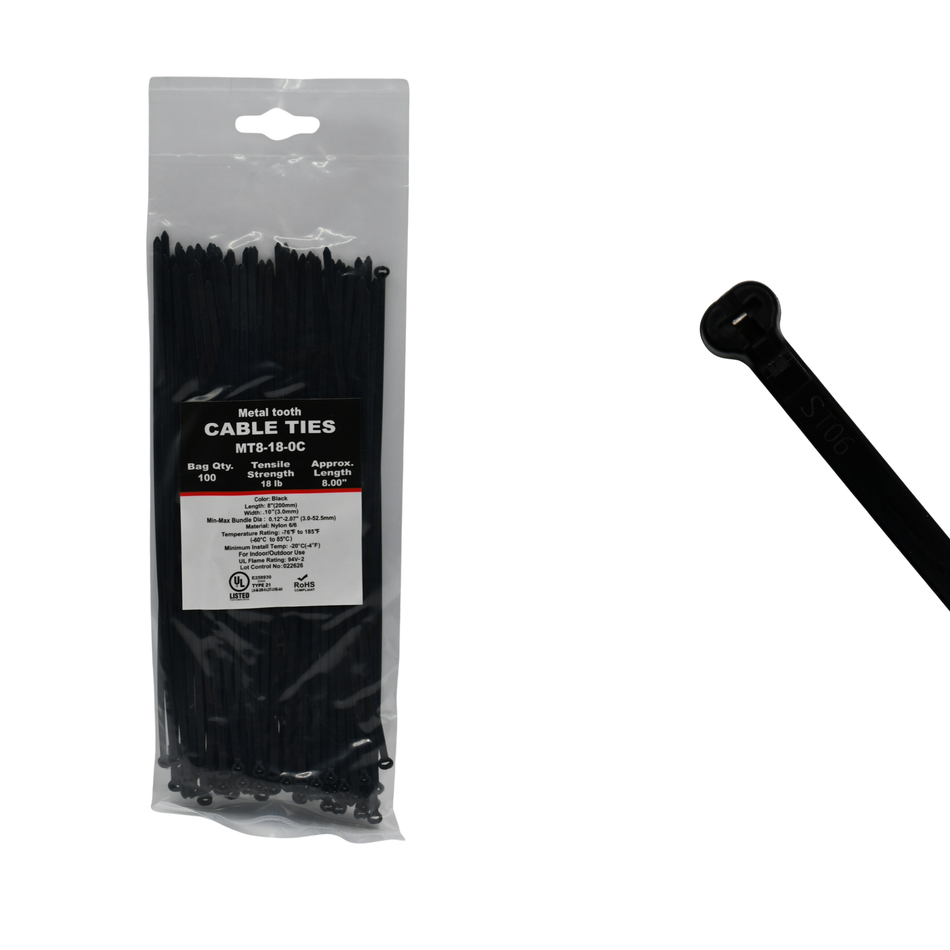 8" UV Black 18lbs Metal Tooth Cable Ties / Zip Ties 100/bag Part #MT8-18-0C