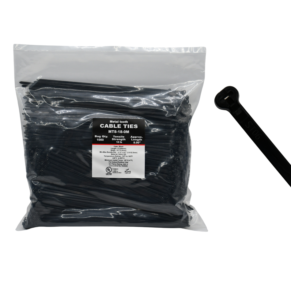 8" UV Black 18lbs Metal Tooth Cable Ties / Zip Ties 1,000/bag Part #MT8-18-0M