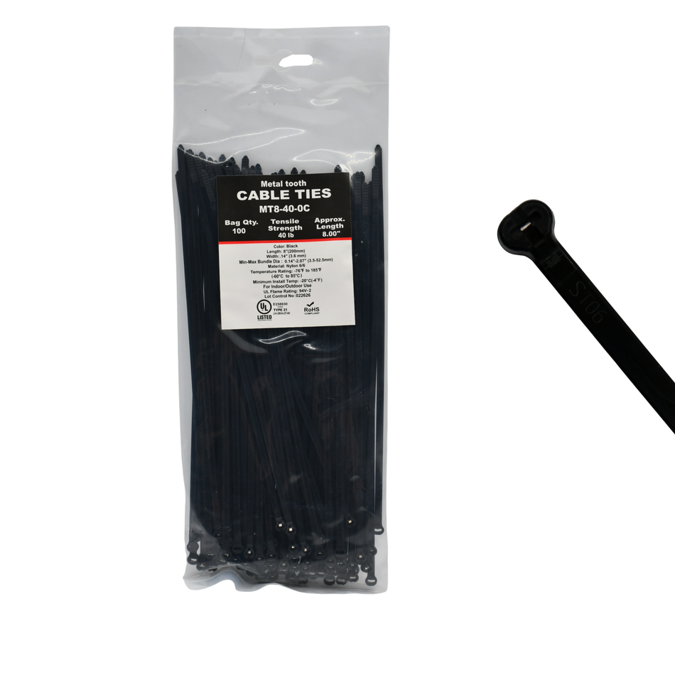 8" UV Black 40lbs Metal Tooth Cable Ties / Zip Ties 100/bag Part#MT8-40-0C
