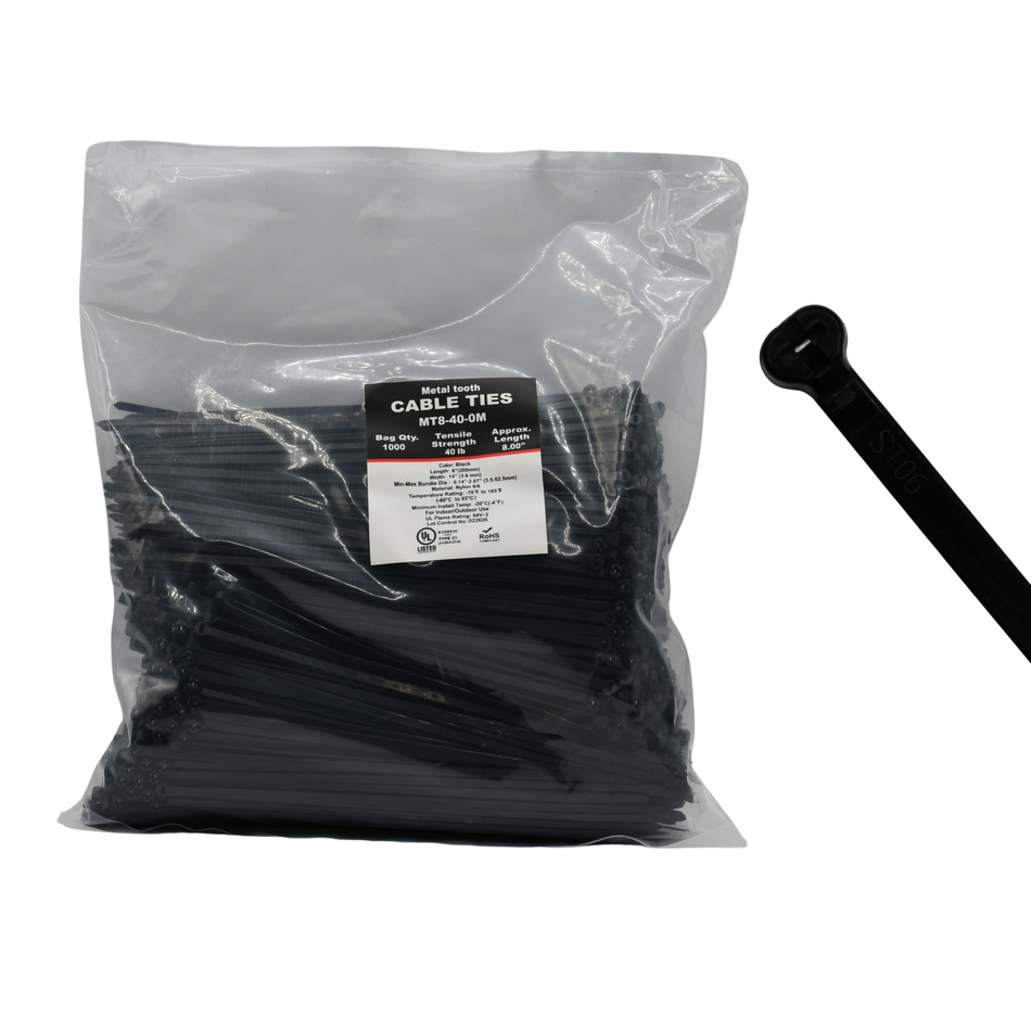 8" UV Black 40lbs Metal Tooth Cable Ties / Zip Ties 1,000/bag Part #MT8-40-0M