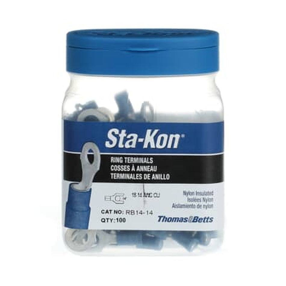 Sta-Kon Nylon Insulated Ring Terminal, 18-14 AWG, 1/4 in Stud, Blue, 100 Pack