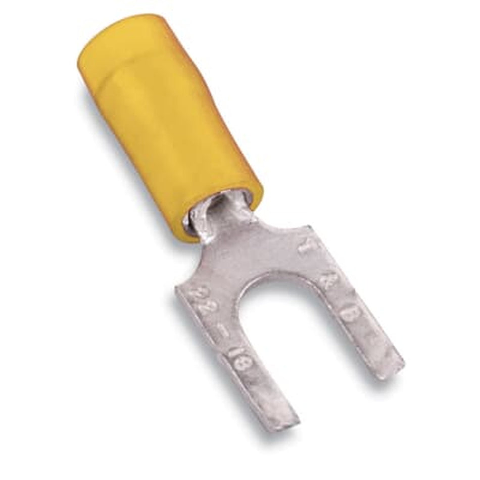 Sta-Kon Nylon Insulated Fork Terminal, 12-10 AWG, #8 Stud, Yellow, 500 Pack