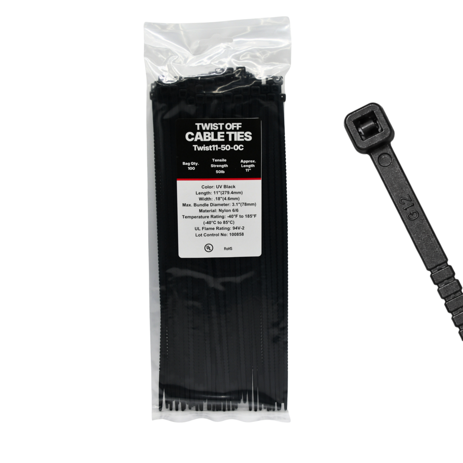 11" 50LB Black Twist To Break Cable Tie 100/Bag