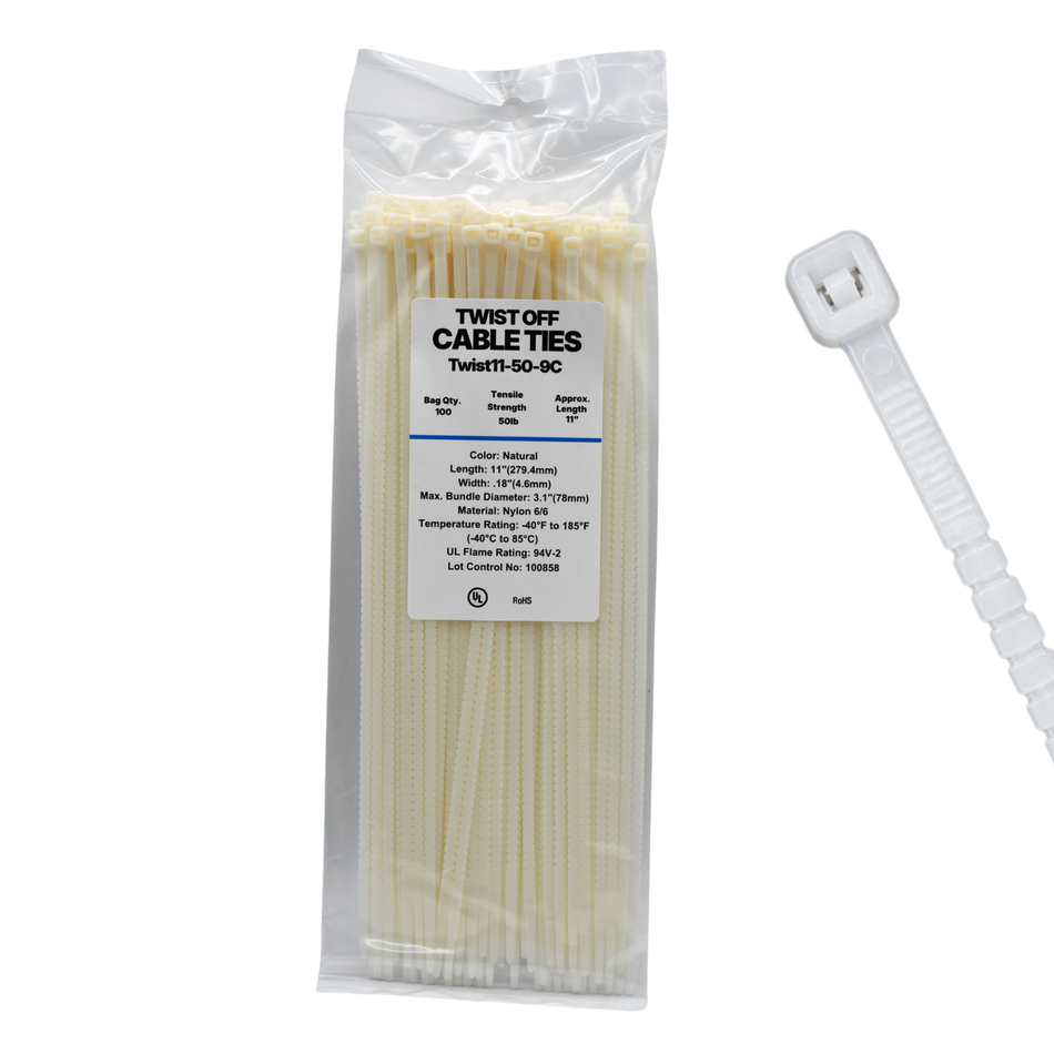 11" 50LB Natural Twist To Break Cable Tie 100/Bag