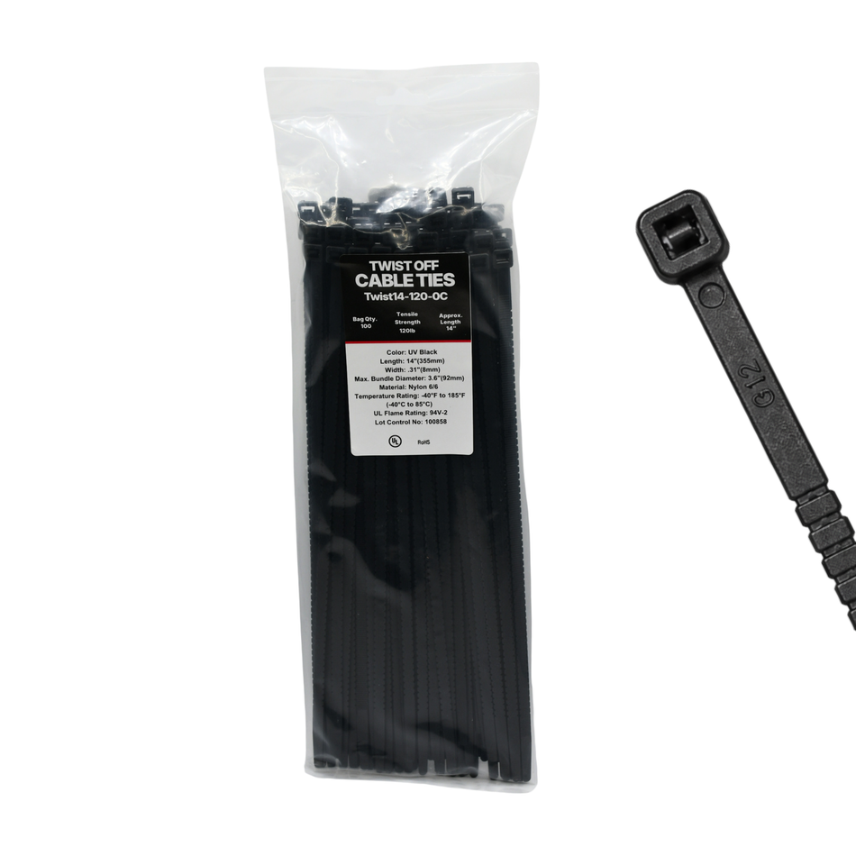 14" 120LB Black Twist To Break Cable Tie 100/Bag