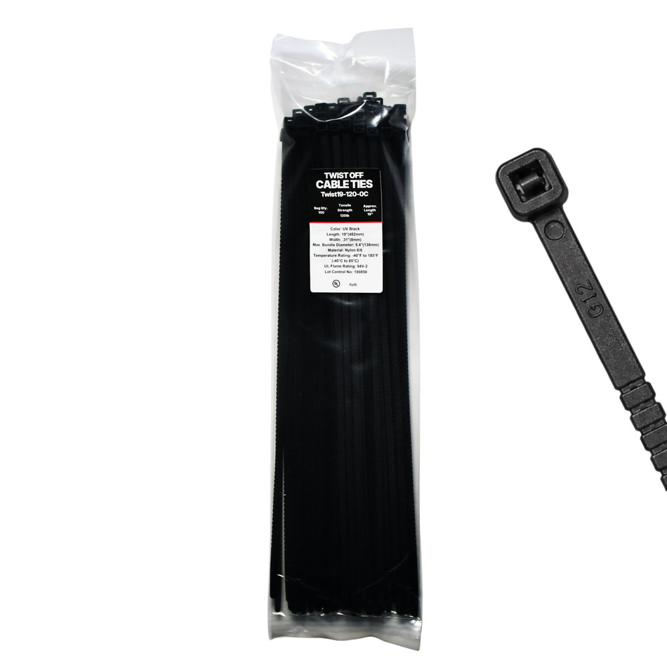 19" 120LB Black Twist To Break Cable Tie 100/Bag