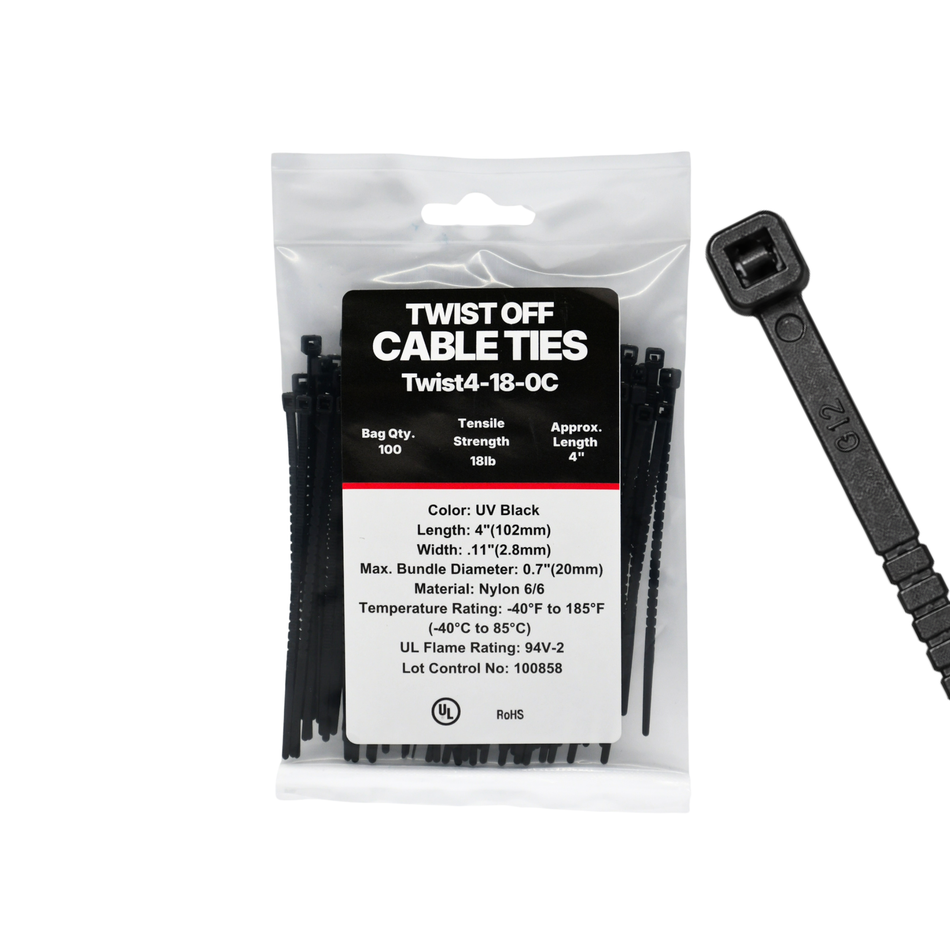 4" 18LB Black Twist To Break Cable Tie 100/Bag