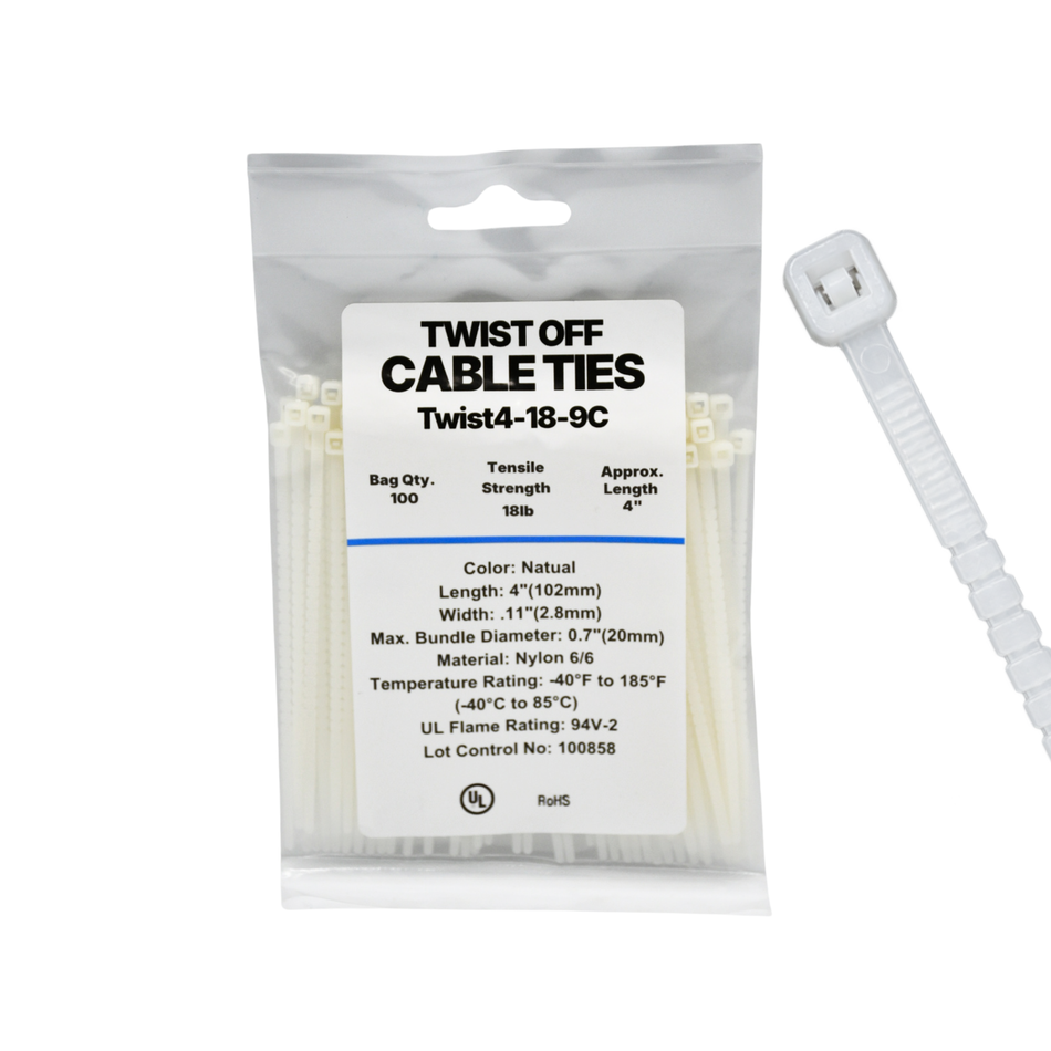 4" 18LB Natural Twist To Break Cable Tie 100/Bag