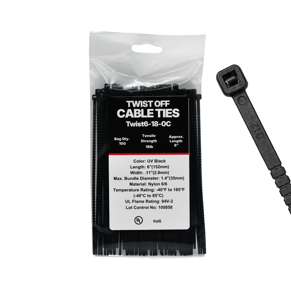 6" 18LB Black Twist To Break Cable Tie 100/Bag