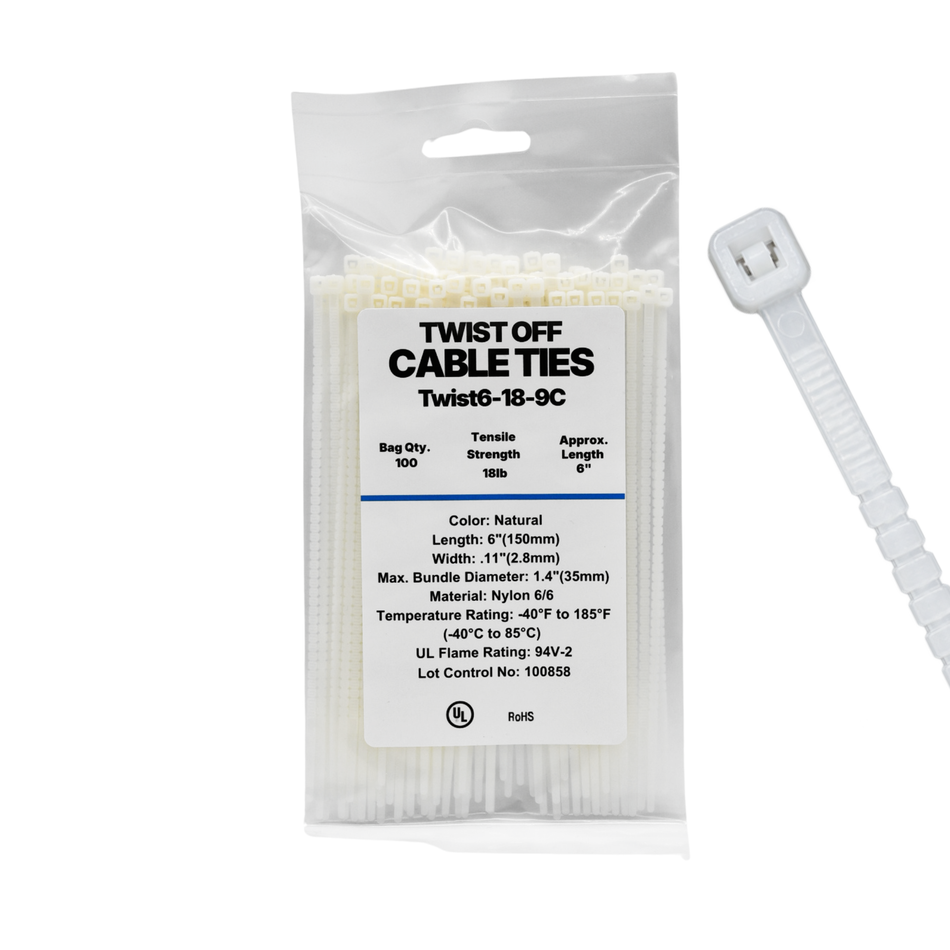 6" 18LB Natural Twist To Break Cable Tie 100/Bag