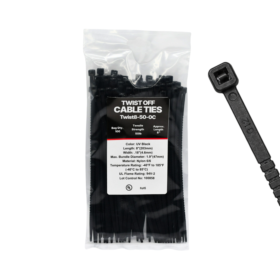 8" 50LB Black Twist To Break Cable Tie 100/Bag