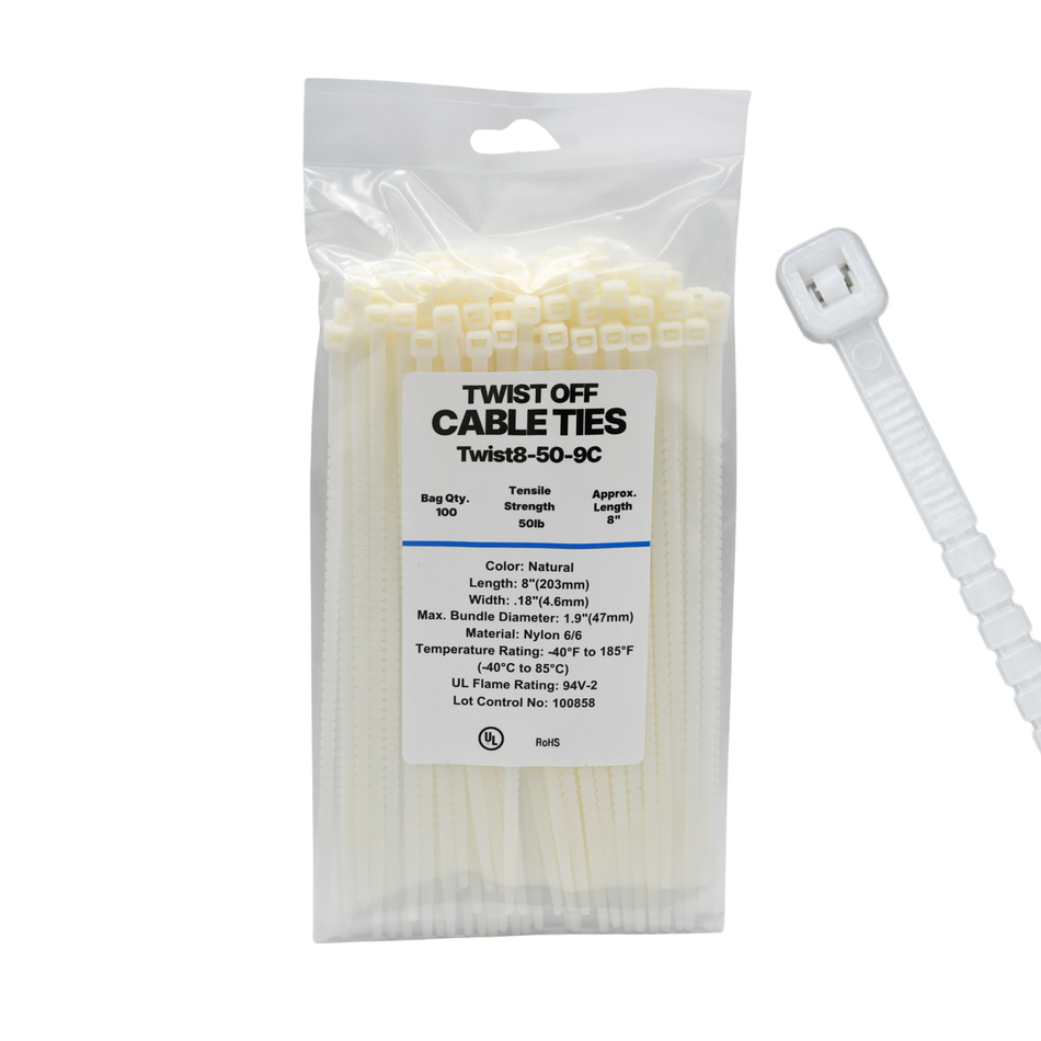 8" 50LB Natural Twist To Break Cable Tie 100/Bag
