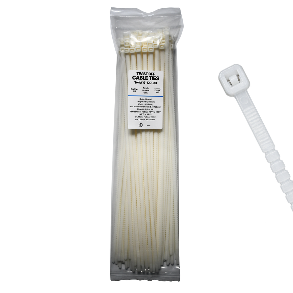 19" 120LB Natural Twist To Break Cable Tie 100/Bag