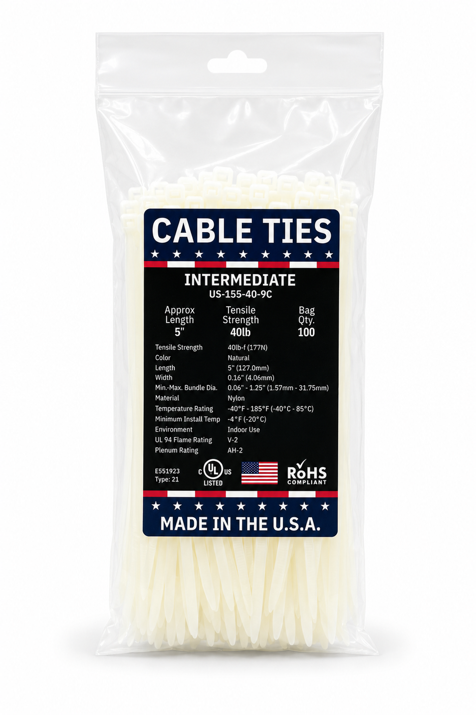 5" 40Lbs Natural Made in USA Cable Tie 100/Bag Part#US-I55-40-9C