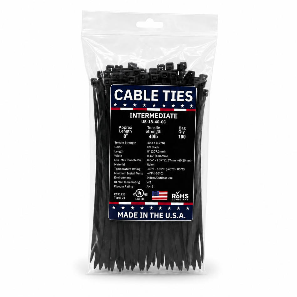 8" 40Lbs Natural Made in USA Cable Tie 100/Bag Part#US-I8-40-0C
