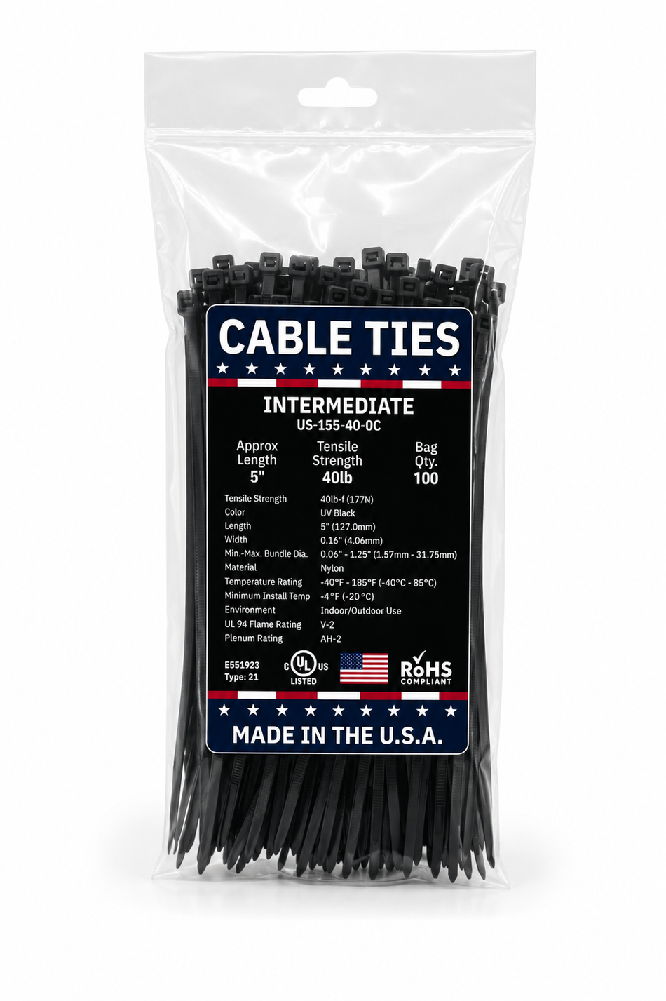 5" 40Lbs UV Black Made in USA Cable Tie 100/Bag Part#US-I55-40-0C