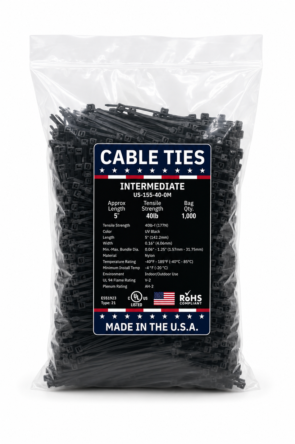 5" 40Lbs UV Black Made in USA Cable Tie 1000/Bag Part#US-I55-40-0M