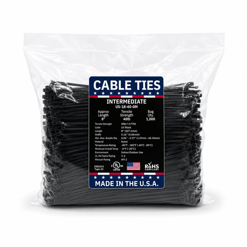 8" 40Lbs Natural Made in USA Cable Tie 1000/Bag Part#US-I8-40-0M