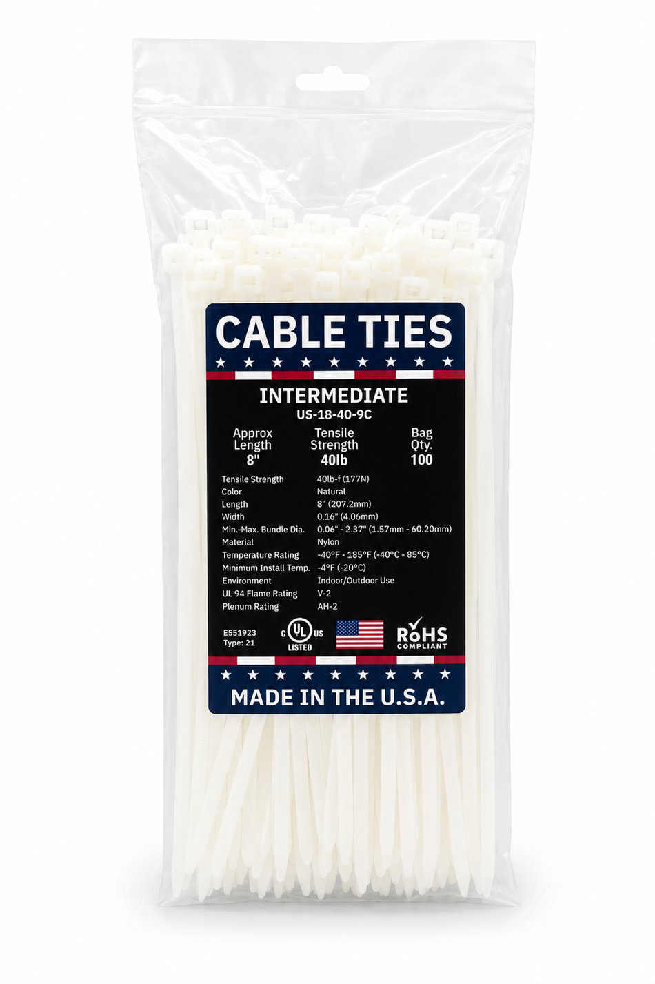 8" 40Lbs Natural Made in USA Cable Tie 100/Bag Part#US-I8-40-9C