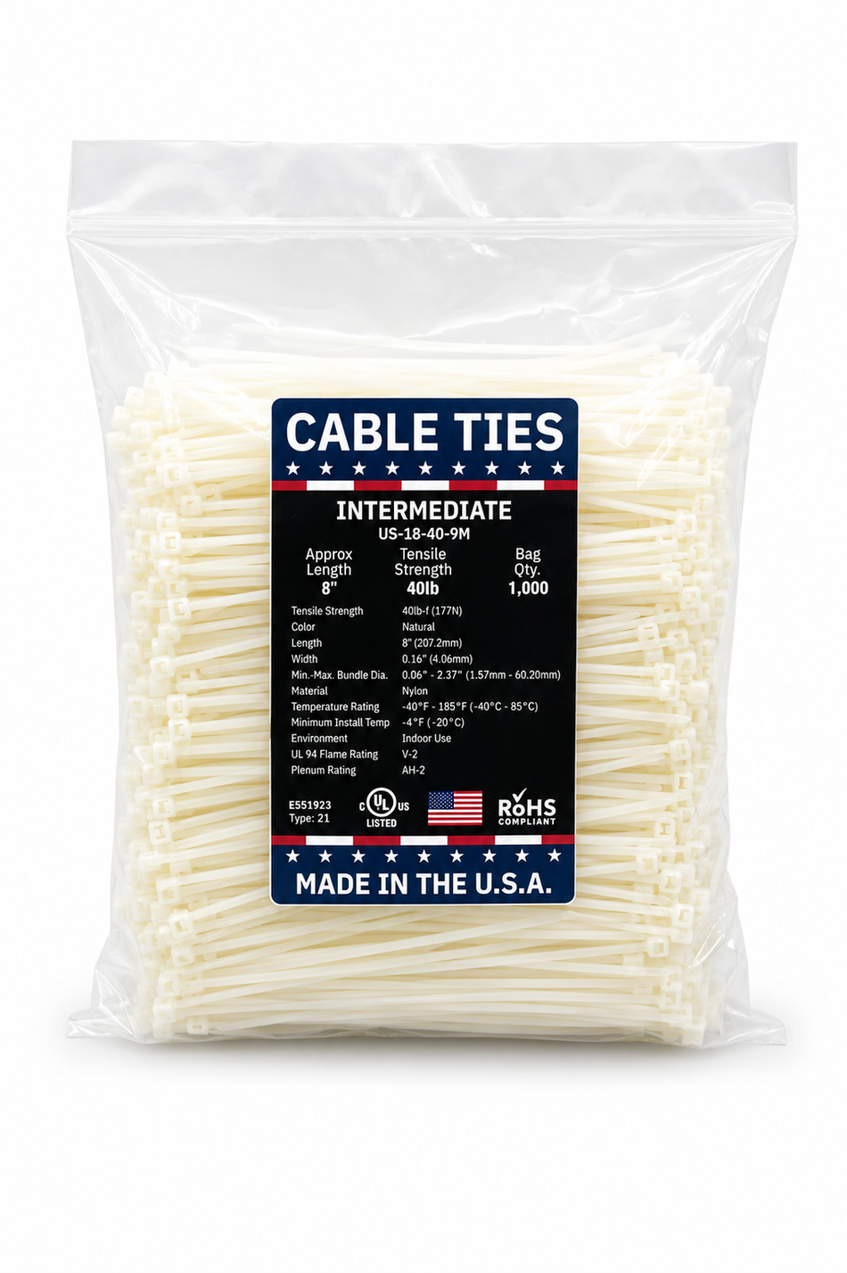 8" 40Lbs Natural Made in USA Cable Tie 1000/Bag Part#US-I8-40-9M