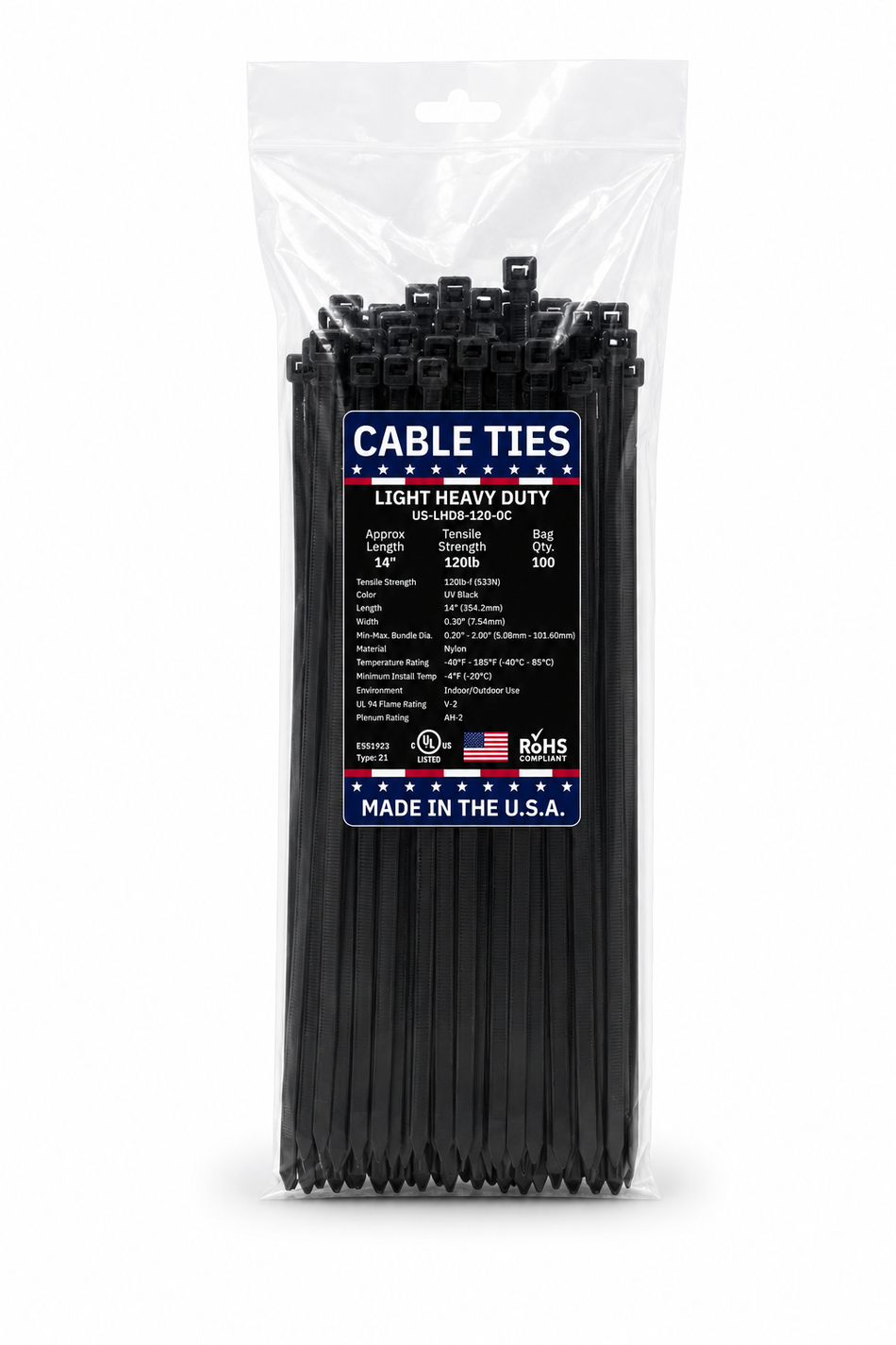 14" 120Lbs UV Black Made in USA Cable Tie 100/Bag Part#US-LHD14-120-0C
