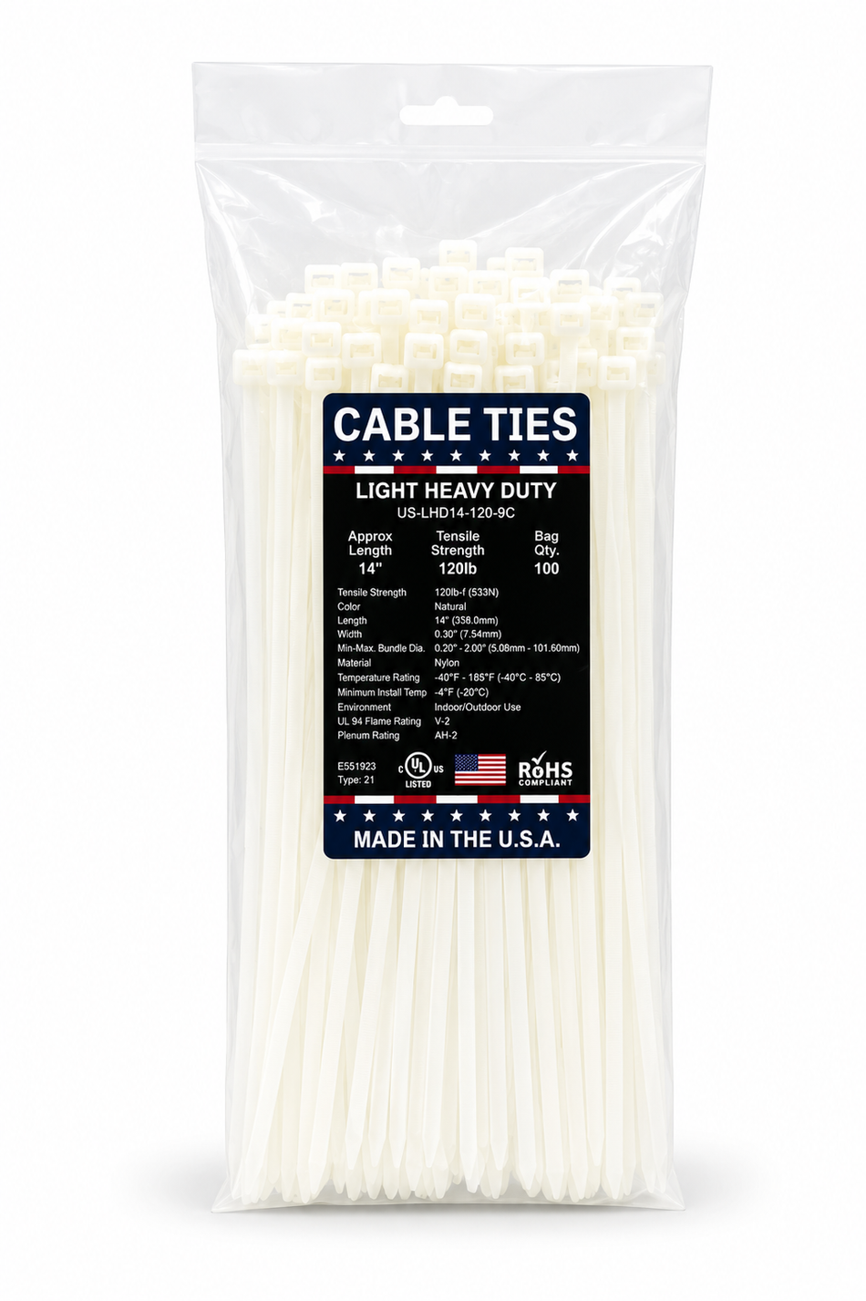 14" 120Lbs Natural Made in USA Cable Tie 100/Bag Part#US-LHD14-120-9C