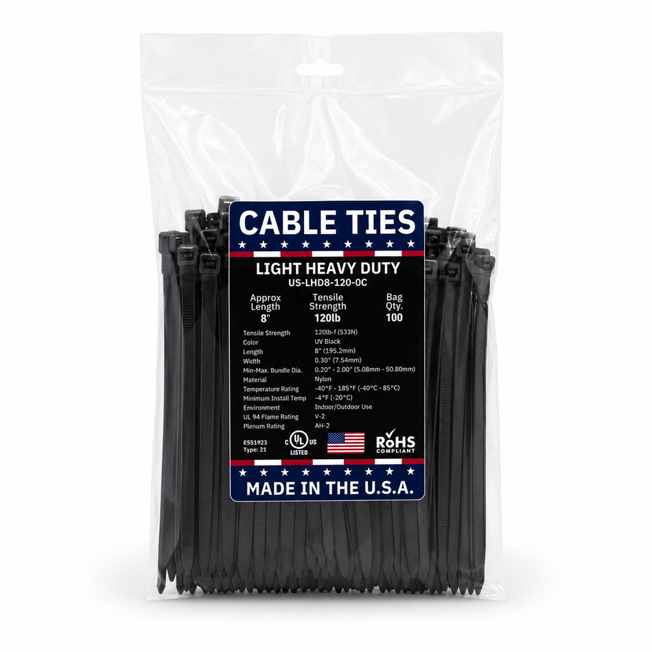 8" 120Lbs Natural Made in USA Cable Tie 100/Bag Part#US-LHD8-120-9C