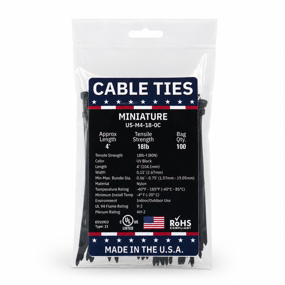 4" 18Lbs UV Black Made in USA Cable Tie 100/Bag Part#US-M4-18-0C
