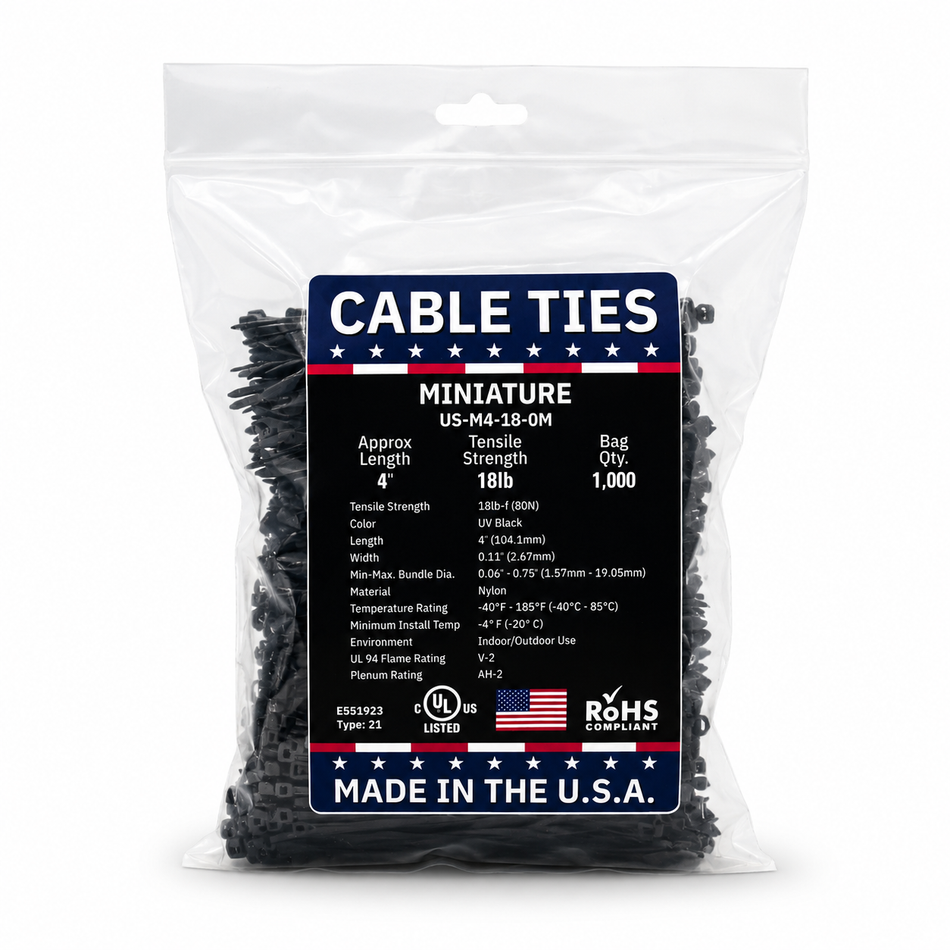 4" 18Lbs UV Black Made in USA Cable Tie 100/Bag Part#US-M4-18-0M