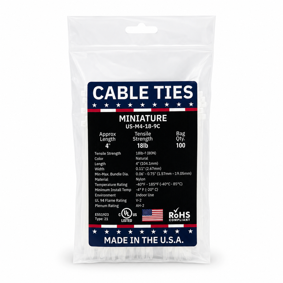 4" 18Lbs Natural Made in USA Cable Tie 100/Bag #US-M4-18-9C