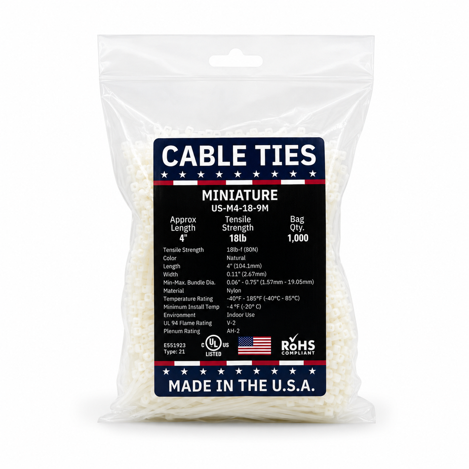 4" 18Lbs Natural Made in USA Cable Tie 1000/Bag Part#US-M4-18-9M