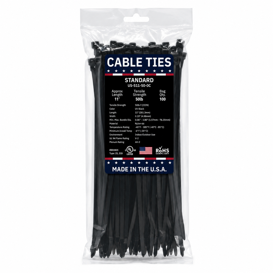 11" 50Lbs UV Black Made in USA Cable Tie 100/Bag Part#US-S11-50-0C