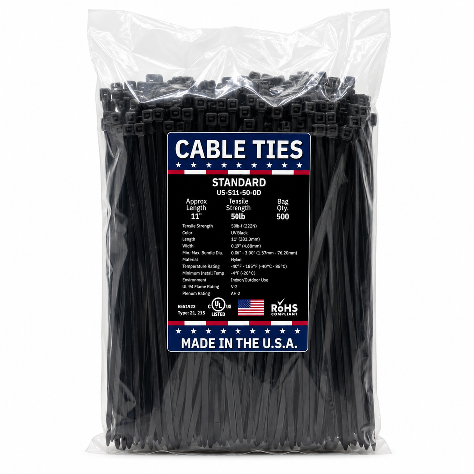 11" 50Lbs UV Black Made in USA Cable Tie 500/Bag Part#US-S11-50-0D
