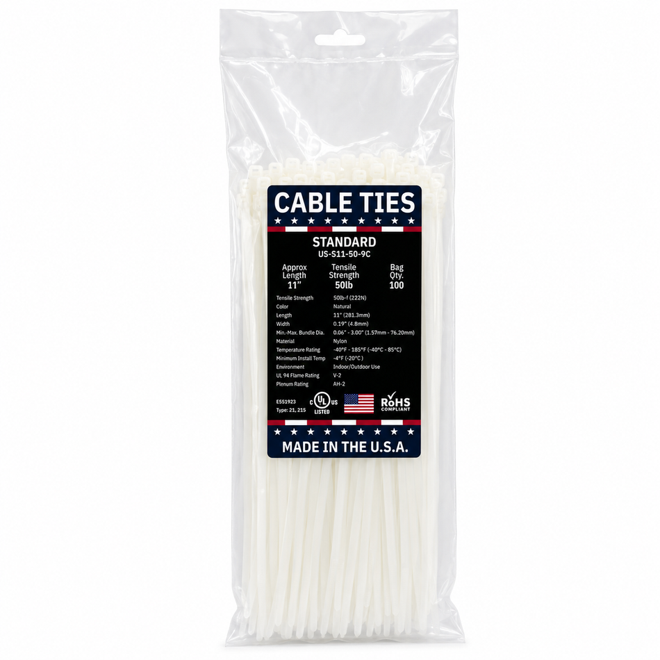 11" 50Lbs Natural Made in USA Cable Tie 100/Bag Part#US-S11-50-9C
