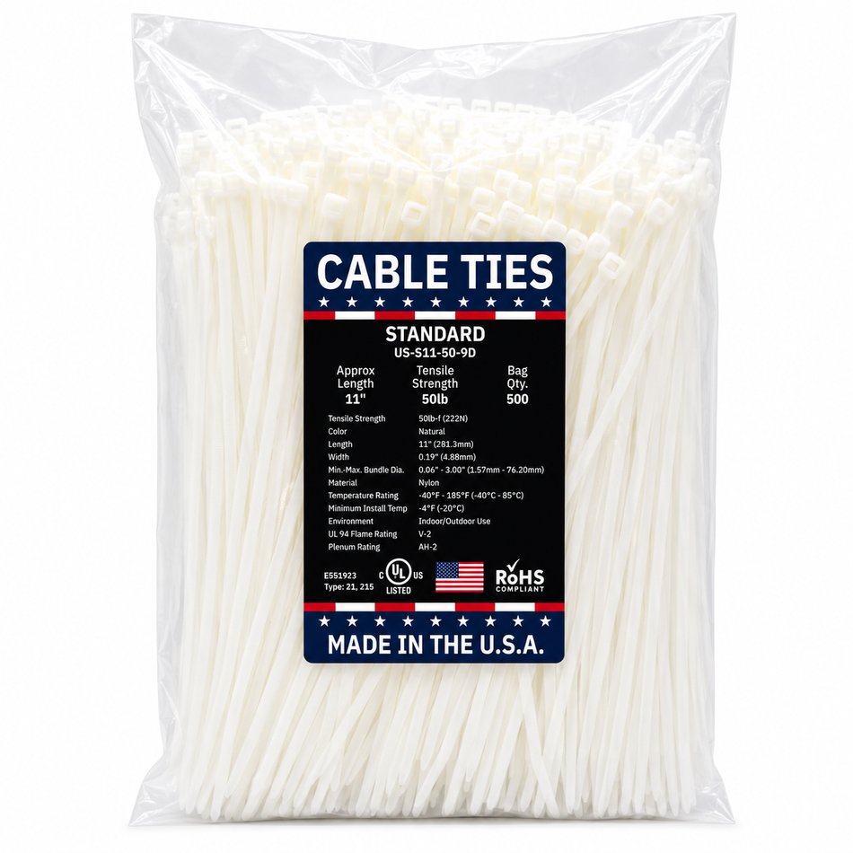 11" 50Lbs Natrual Made in USA Cable Tie 500/Bag Part#US-S11-50-9D