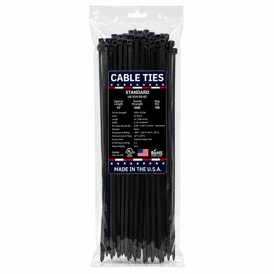 14" 50Lbs UV Black Made in USA Cable Tie 100/Bag Part#US-S14-50-0C