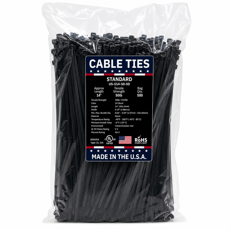 14" 50Lbs UV Black Made in USA Cable Tie 500/Bag Part#US-S14-50-0D