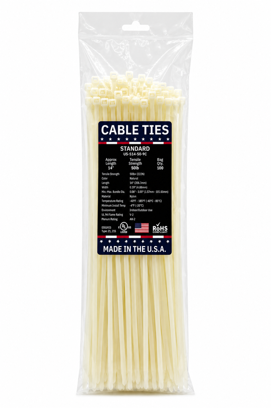14" 50Lbs Natural Made in USA Cable Tie 100/Bag Part#US-S14-50-9C