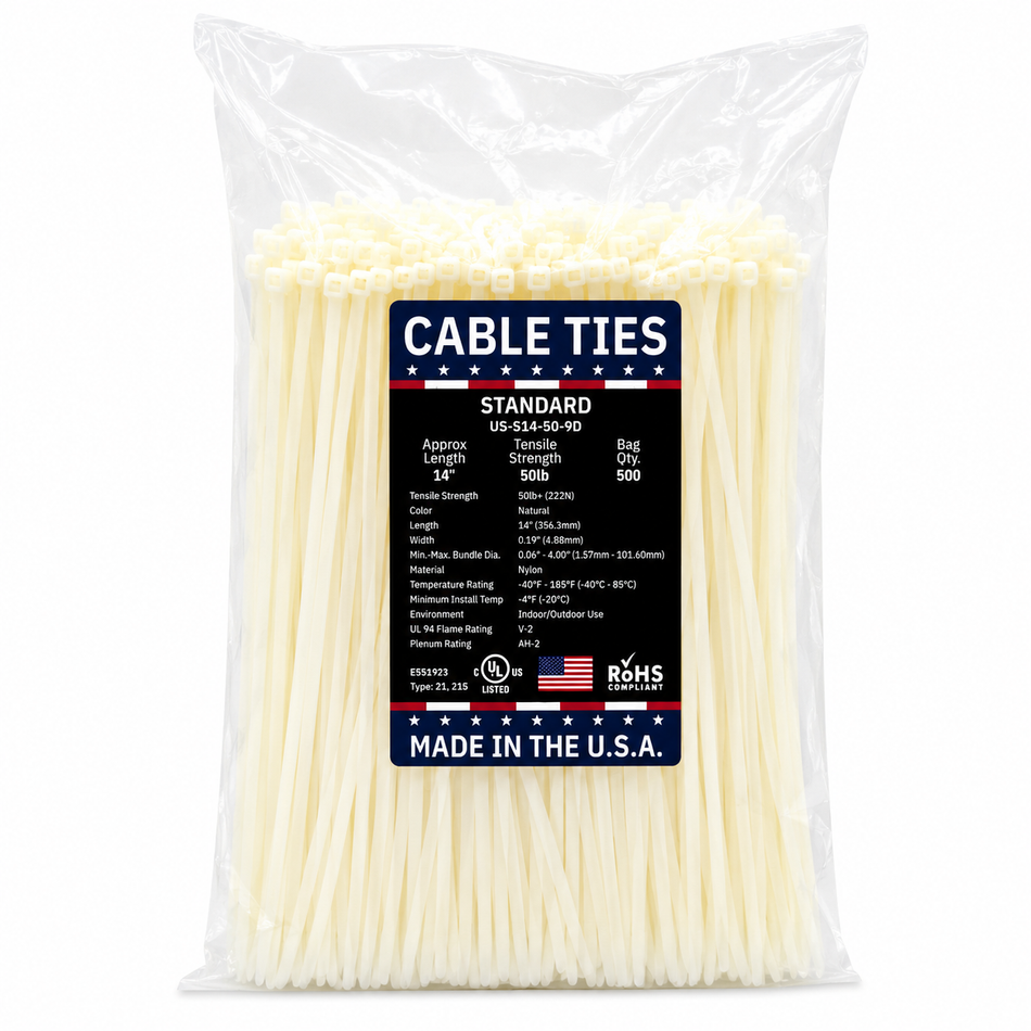 14" 50Lbs Natural Made in USA Cable Tie 500/Bag Part#US-S14-50-9D