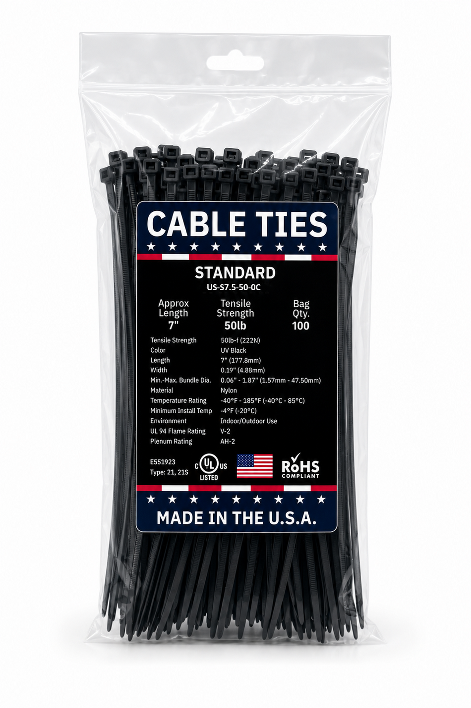 7" 50Lbs UV Black Made in USA Cable Tie 100/Bag Part#US-S7.5-50-0C