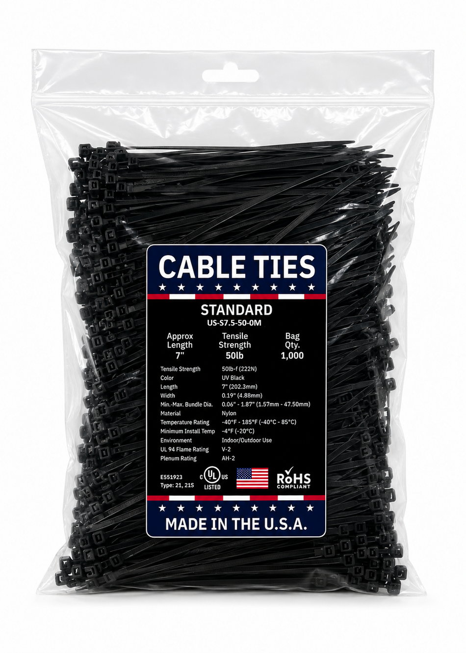 7" 50Lbs UV Black Made in USA Cable Tie 100/Bag Part#US-S7.5-50-0M