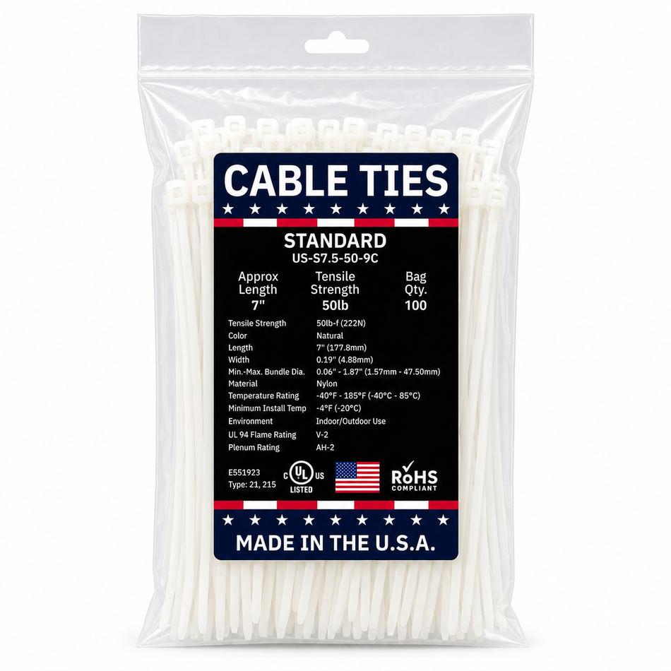 7" 50Lbs Natural Made in USA Cable Tie 100/Bag Part#US-S7.5-50-9C
