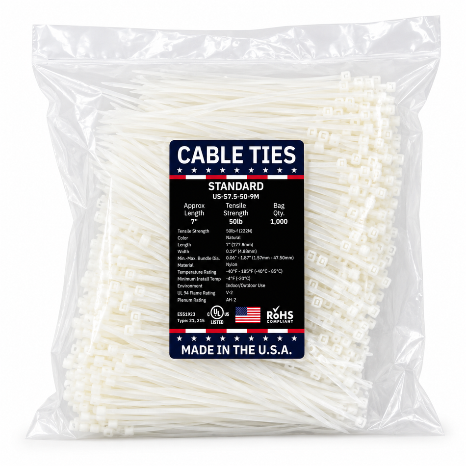 7" 50Lbs Natural Made in USA Cable Tie 1000/Bag Part#US-S7.5-50-9M