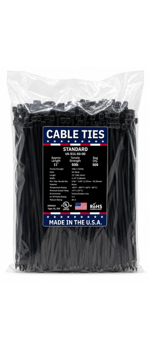 7" 50Lbs UV Black Made in USA Cable Tie 100/Bag Part#US-S7.5-50-0M