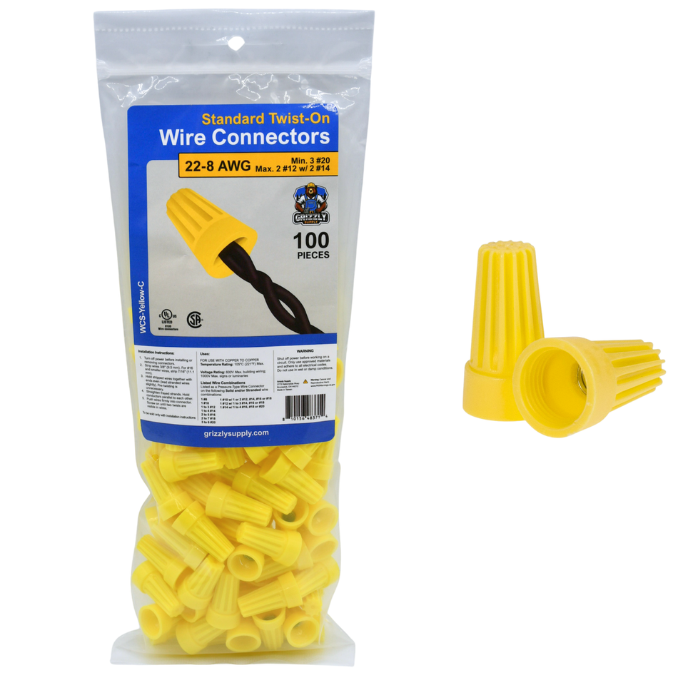 Standard Yellow Screw-On Wire Connectors 22-8 AWG 100/Bag #WCS-Yellow-C