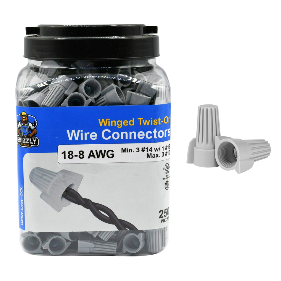 Winged Gray Screw-On Wire Connectors 18-8 AWG 250/Jar #WCW-Gray-CCL